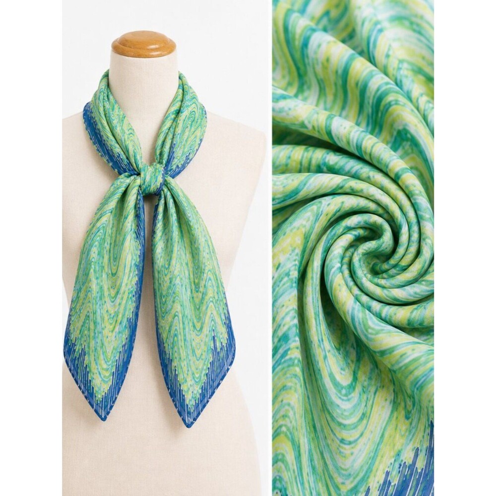 Vintage Veratepe Silk Rayon Abstract Wave Scarf Handmade in Japan Blue Green Ret